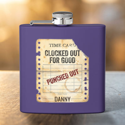 Clocked Out For Good personalized retirement gift flask in Green — held in hand