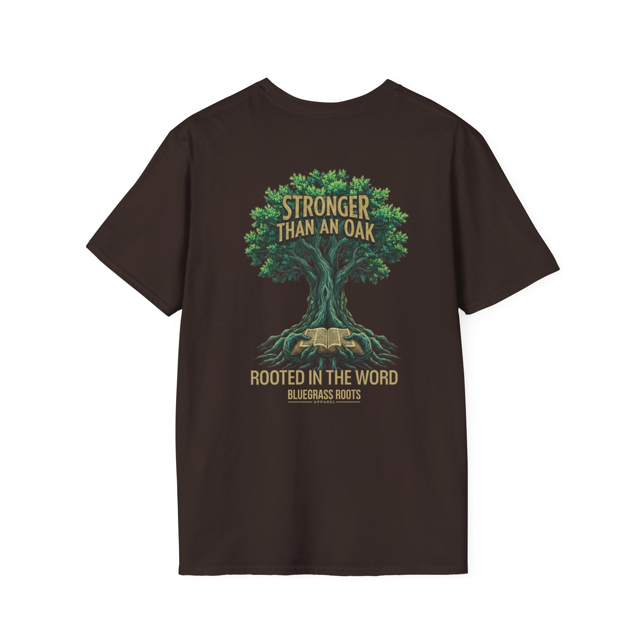 Black t-shirt with a tree graphic and text on a white background