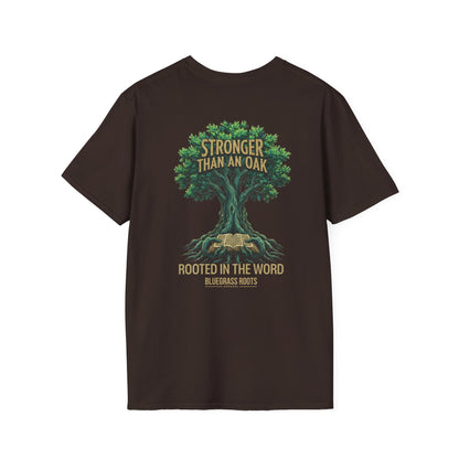Black t-shirt with a tree graphic and text on a white background