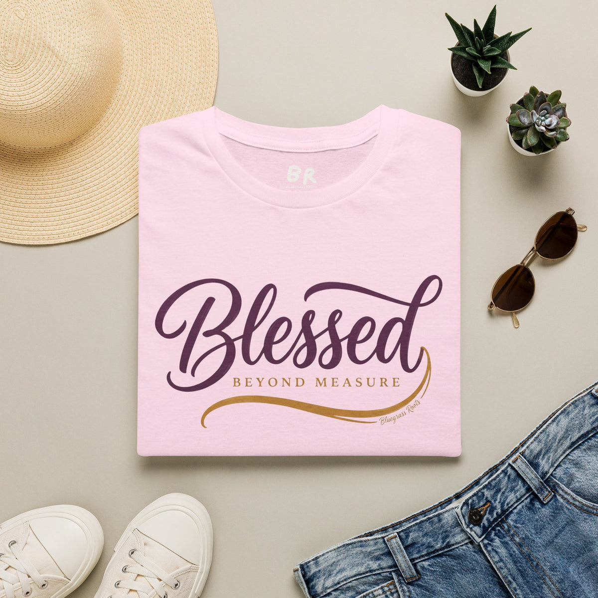Blessed Beyond Measure script shirt in S
