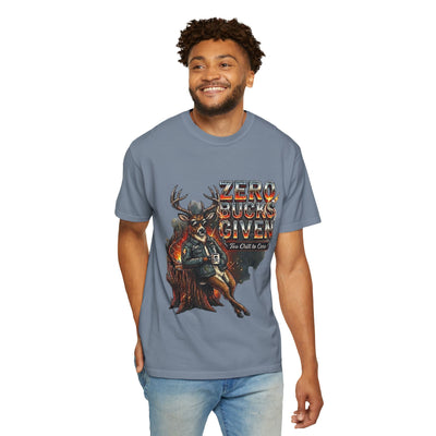 Man wearing a gray t-shirt with a graphic design and text, standing against a white background