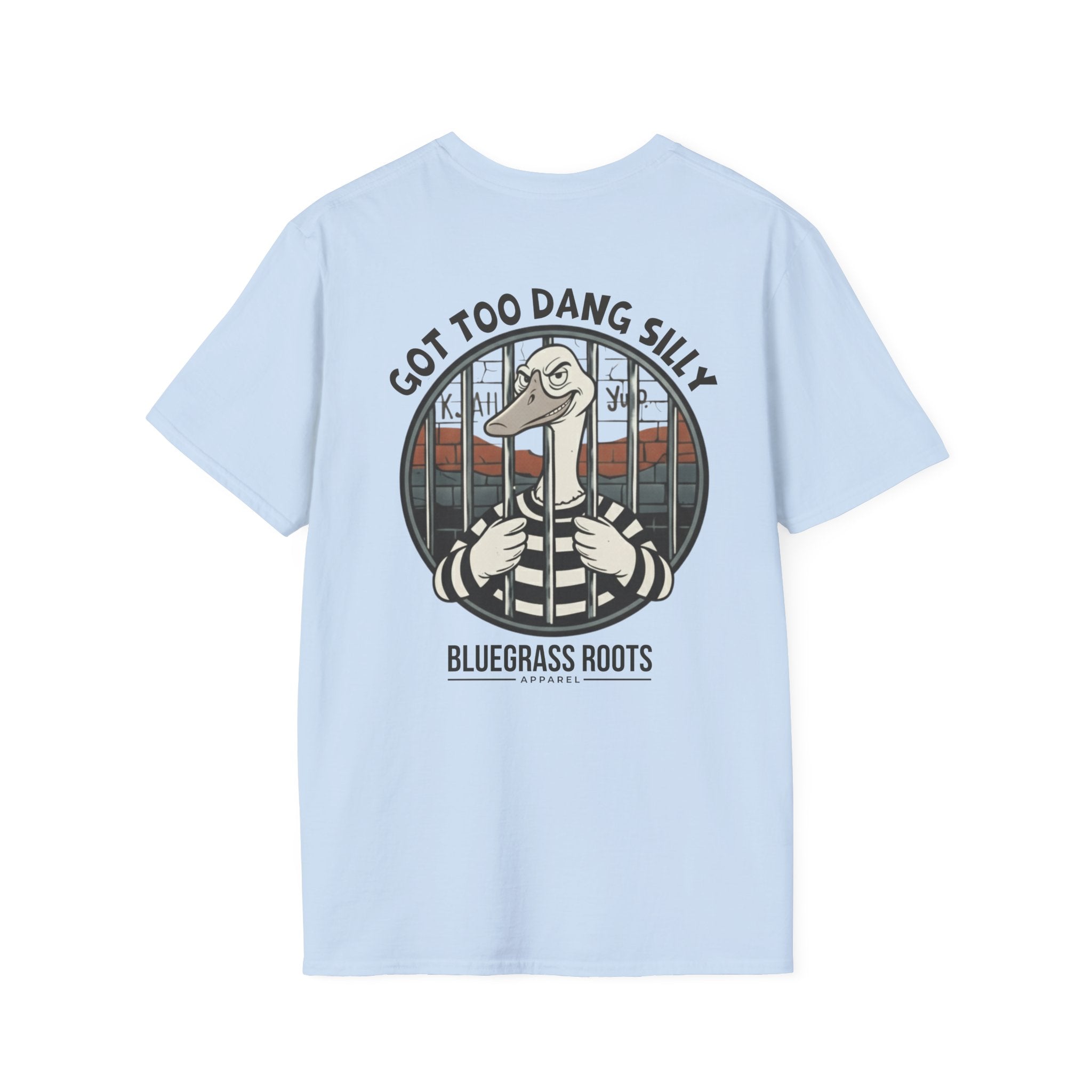 Light blue t-shirt with a graphic design on the back featuring a cartoon character and text.