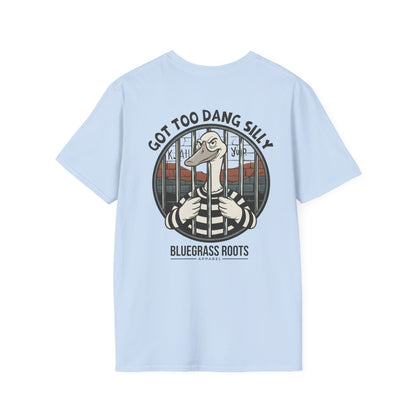 Light blue t-shirt with a graphic design on the back featuring a cartoon character and text.