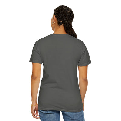 Person wearing a gray t-shirt on a white background