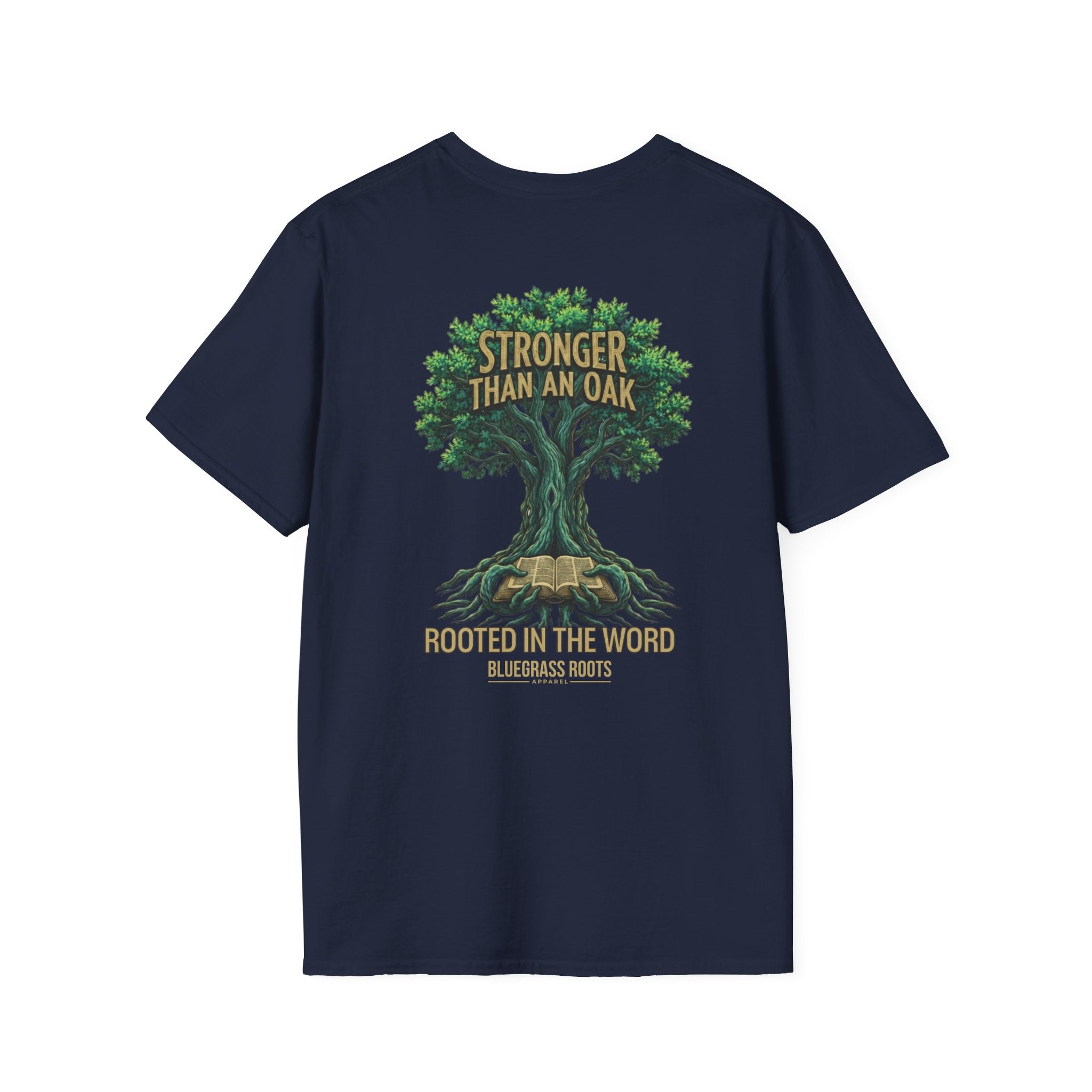 Navy blue t-shirt with a tree graphic and text on the back, on a white background