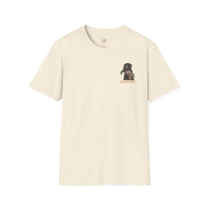 Beige t-shirt with a small graphic on the chest against a white background