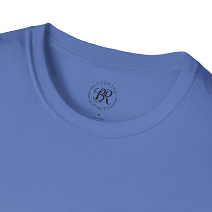 Close-up of a blue shirt with a brand logo on the collar.