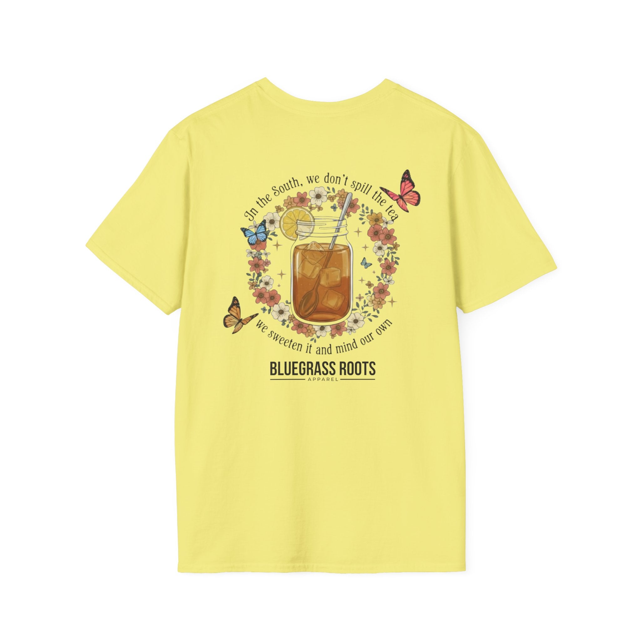 Yellow t-shirt with a graphic design on the back featuring a glass of iced tea, flowers, and butterflies, with 'Bluegrass Roots' branding.