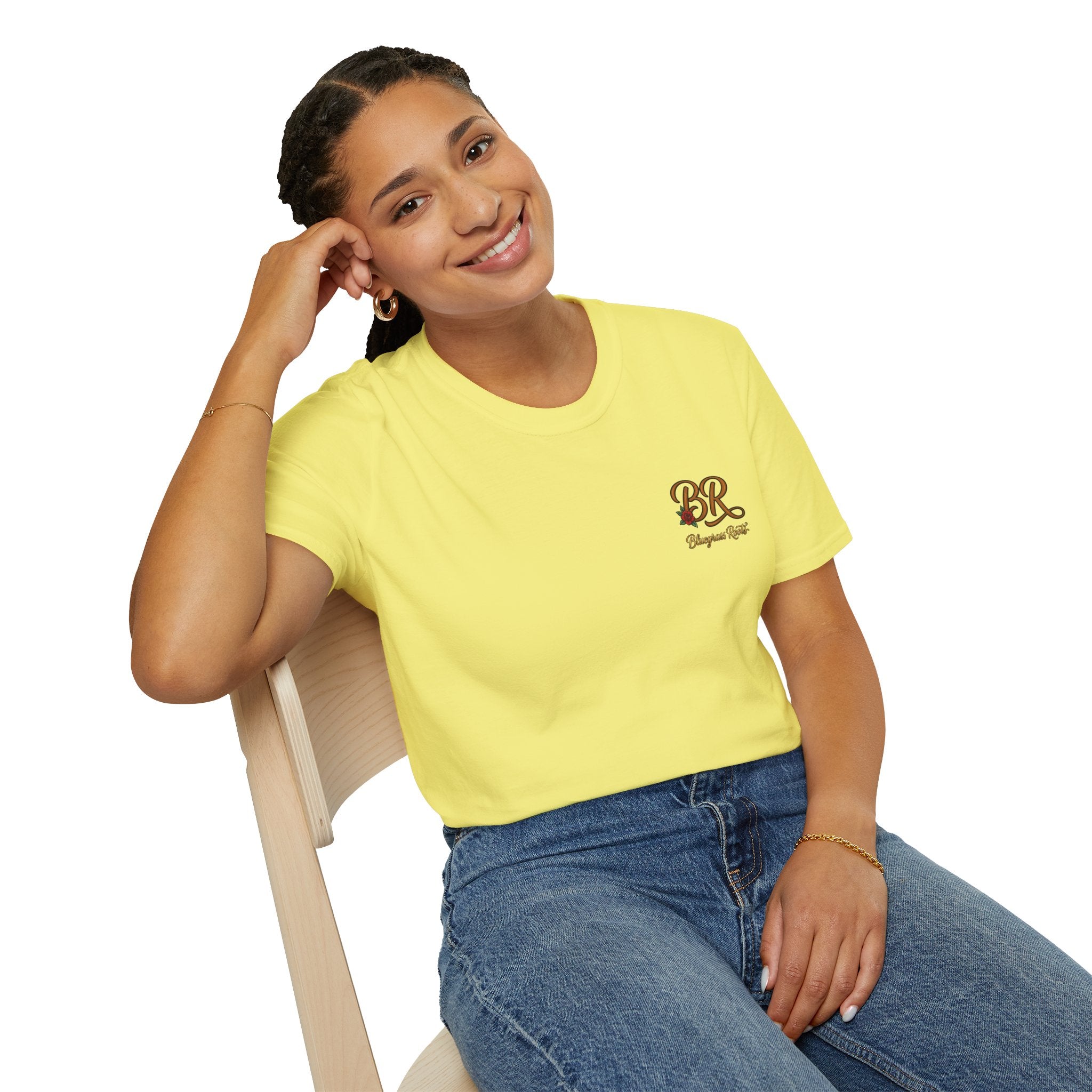 Woman wearing the Bluegrass Roots Blessed Stressed Southern Obsessed farmhouse tee, casual lifestyle pose