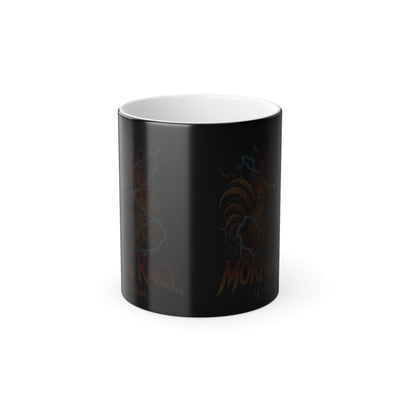 Black mug with colorful text design on a white background