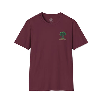 Maroon t-shirt with a logo on the chest against a white background
