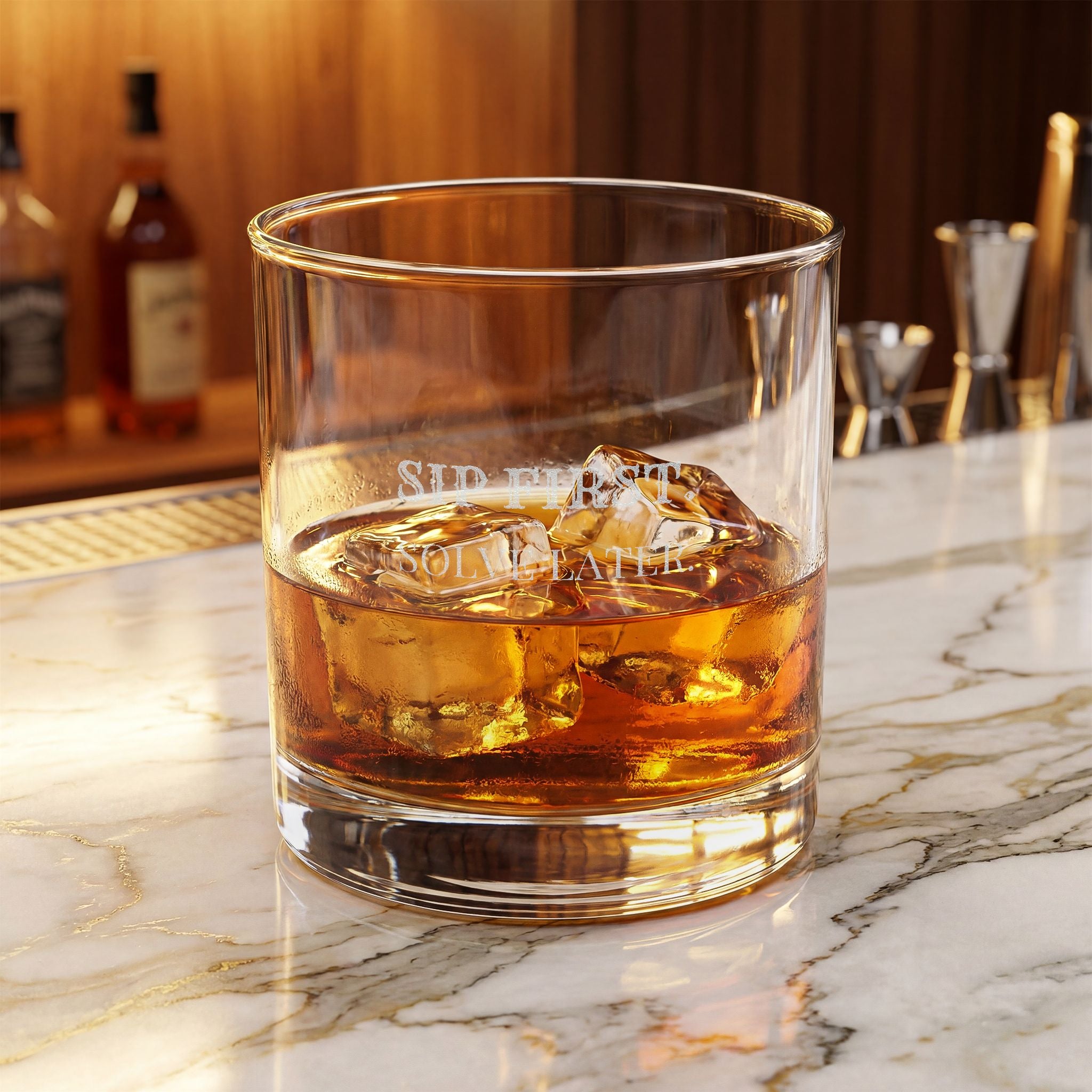 Sip First, Solve Later – engraved whiskey glass, alternate view – Bluegrass Gifts