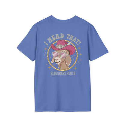 Blue t-shirt with a goat graphic and text on a white background