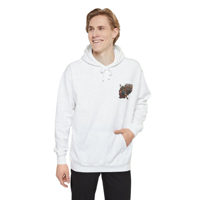 Person wearing a white hoodie with a small design on the chest against a white background