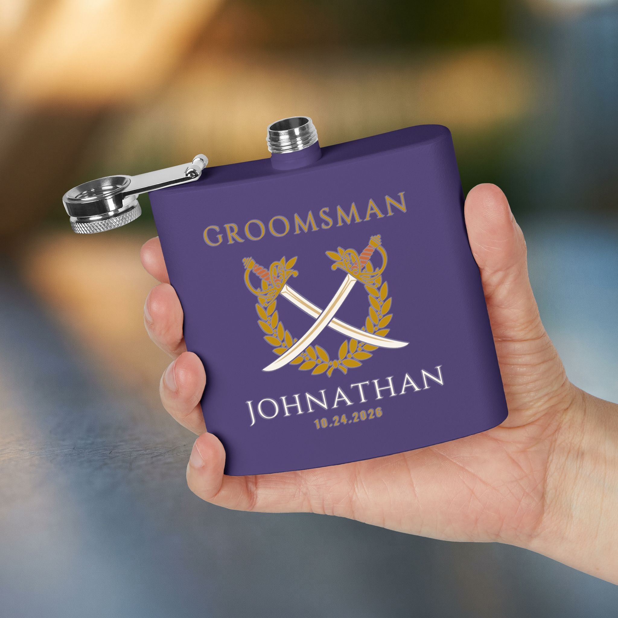 Crossed Sabers Groomsman Flask — Personalized 6oz Whiskey Flask