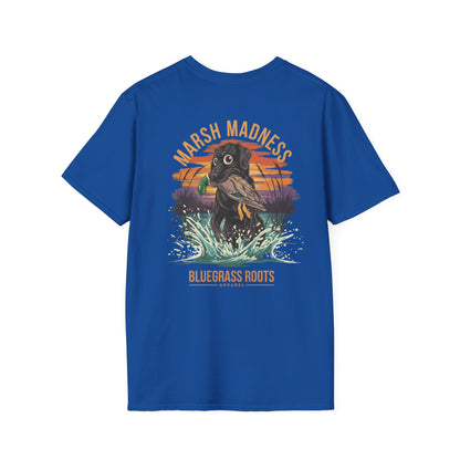 Blue t-shirt with a graphic of a dog in water and text 'Marsh Madness' and 'Bluegrass Roots' on a white background