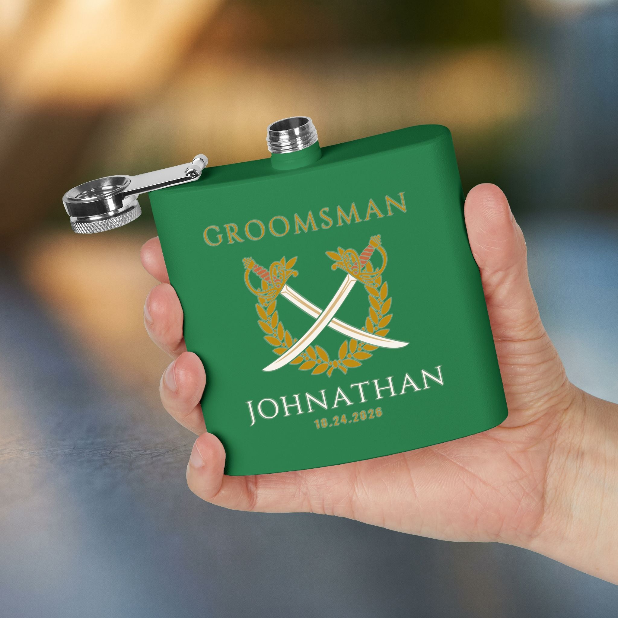 Crossed Sabers Groomsman Flask — Personalized 6oz Whiskey Flask