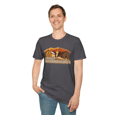 Built on the Rock christian shirt for men, Built on the Rock split barn parable design