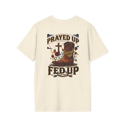 Bluegrass Roots Prayed Up Laced Up Fed Up cowgirl boot tee back graphic in Natural