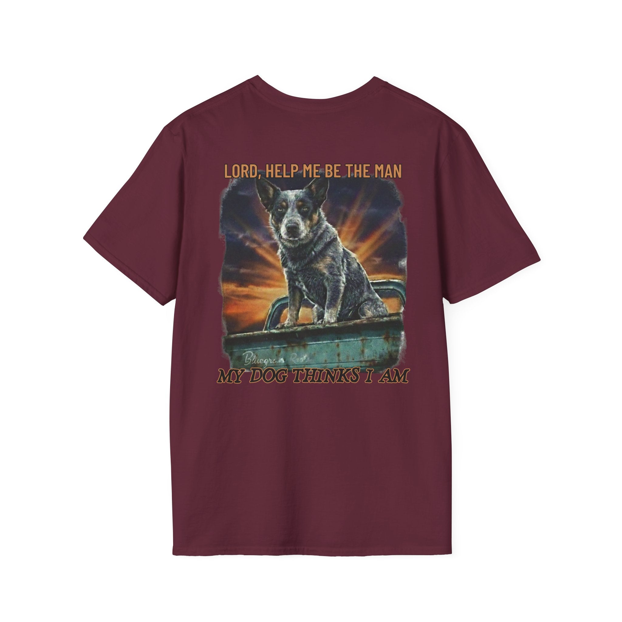 Maroon t-shirt with a graphic of a dog and text on a white background