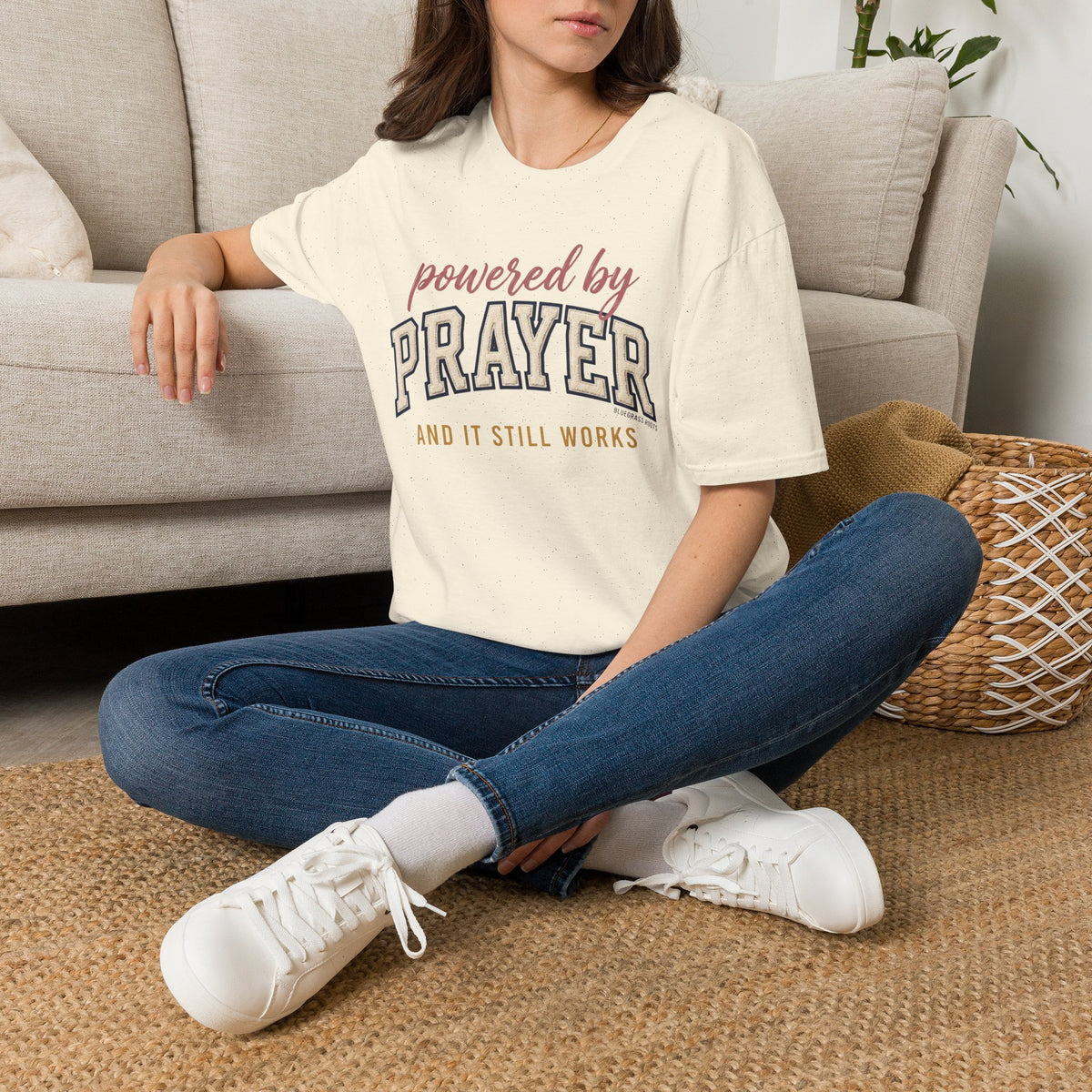 Powered by Prayer varsity shirt