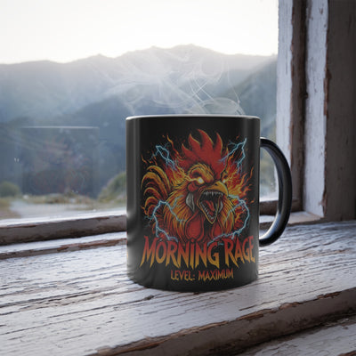 Mug with rooster design and 'Morning Rage' text on a wooden surface with a mountain view.