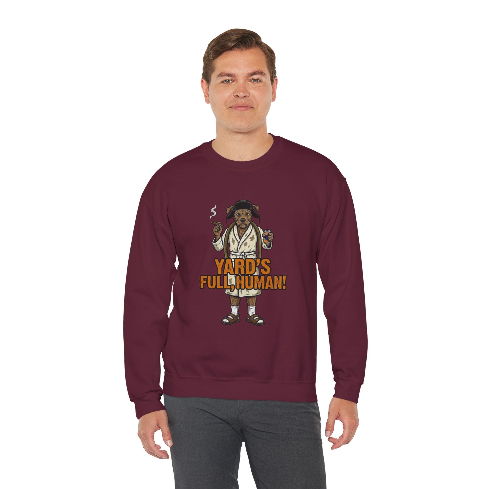 Man wearing a maroon sweatshirt with a graphic design on a white background