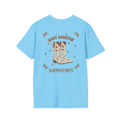 Light blue t-shirt with a graphic of cowboy boots and text on the back, on a white background
