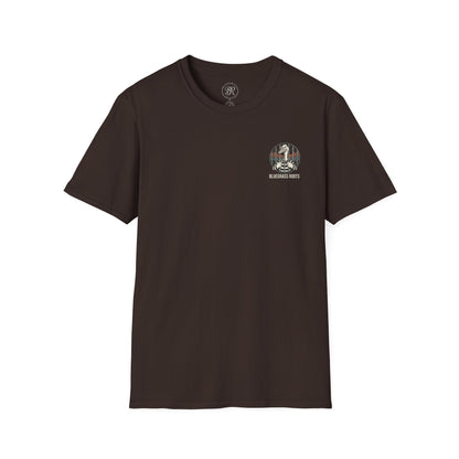 Brown t-shirt with a small graphic on the chest against a white background