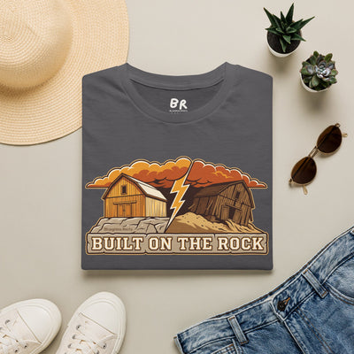 Built on the Rock christian shirt for men, Built on the Rock split barn parable design