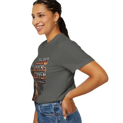 Woman wearing a gray t-shirt with colorful text design on a white background