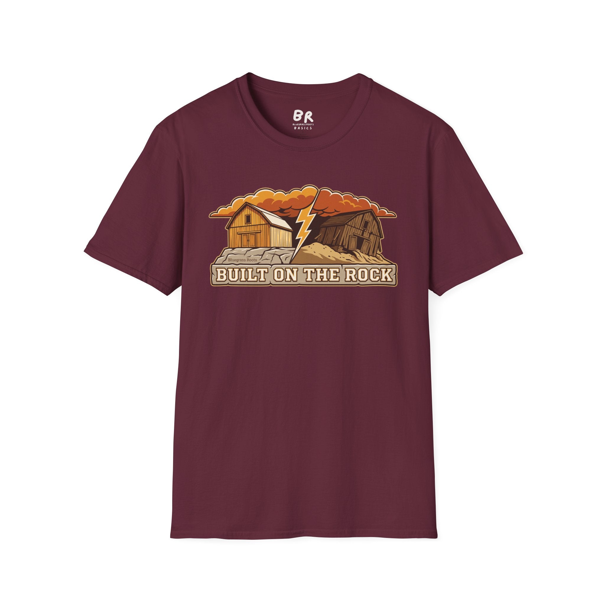 Built on the Rock christian shirt for men, Built on the Rock split barn parable design