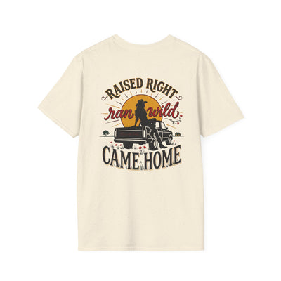 Bluegrass Roots Raised Right Ran Wild Came Home sunset tailgate tee back graphic in Natural