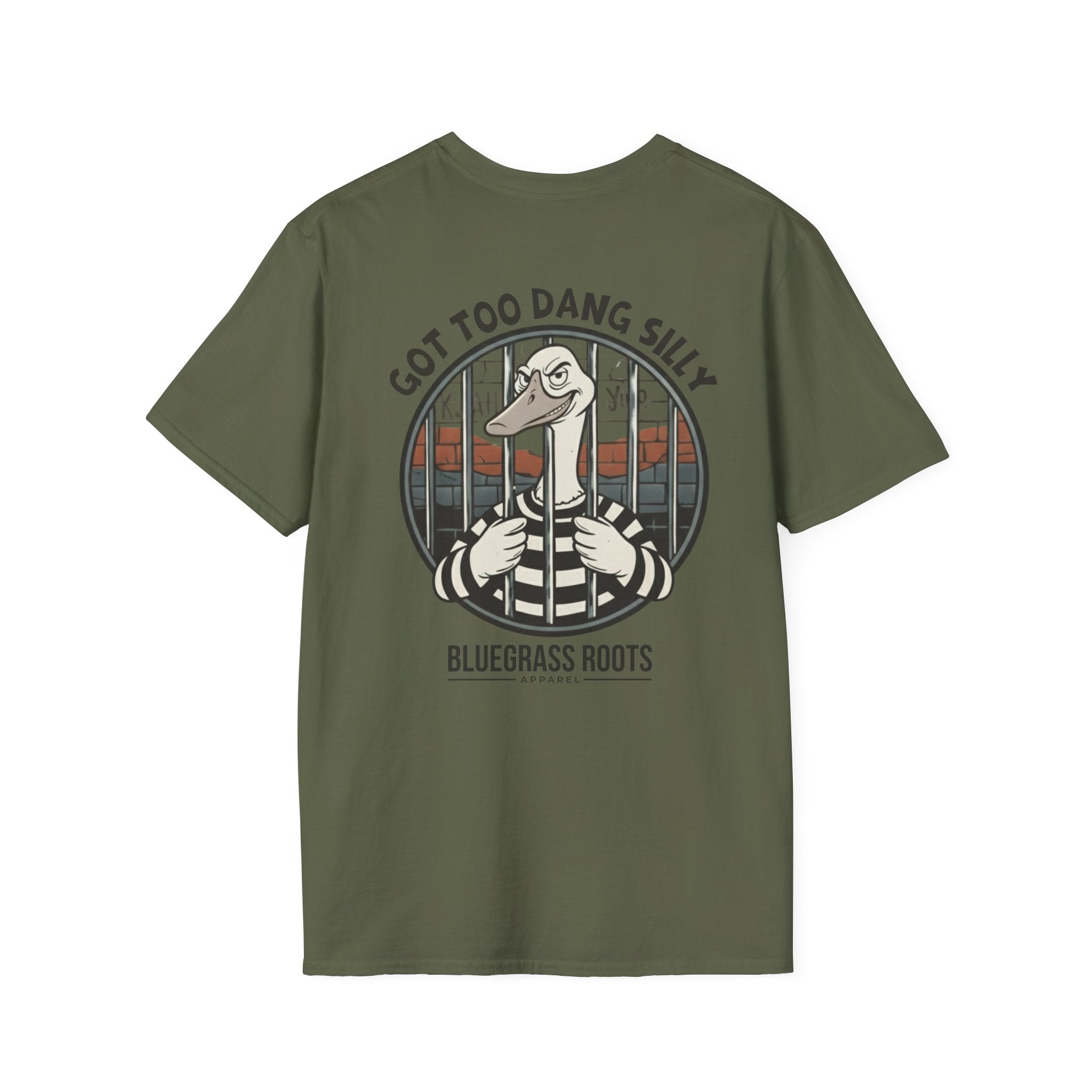 Green t-shirt with a graphic design of a duck and text on a white background