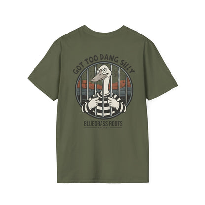 Green t-shirt with a graphic design of a duck and text on a white background