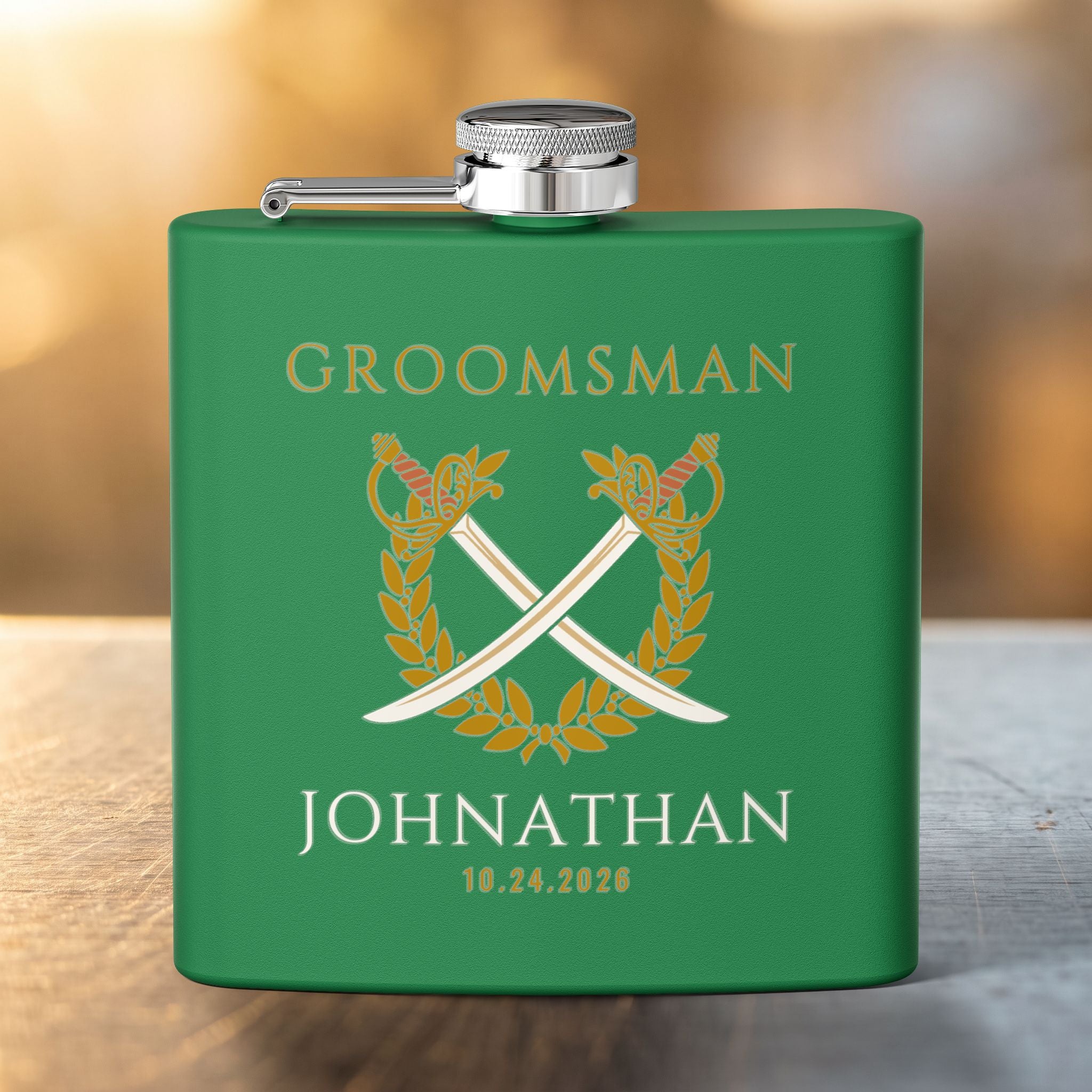 Crossed Sabers Groomsman Flask — Personalized 6oz Whiskey Flask