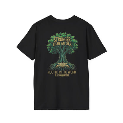 Black t-shirt with a graphic of a tree and text on a white background