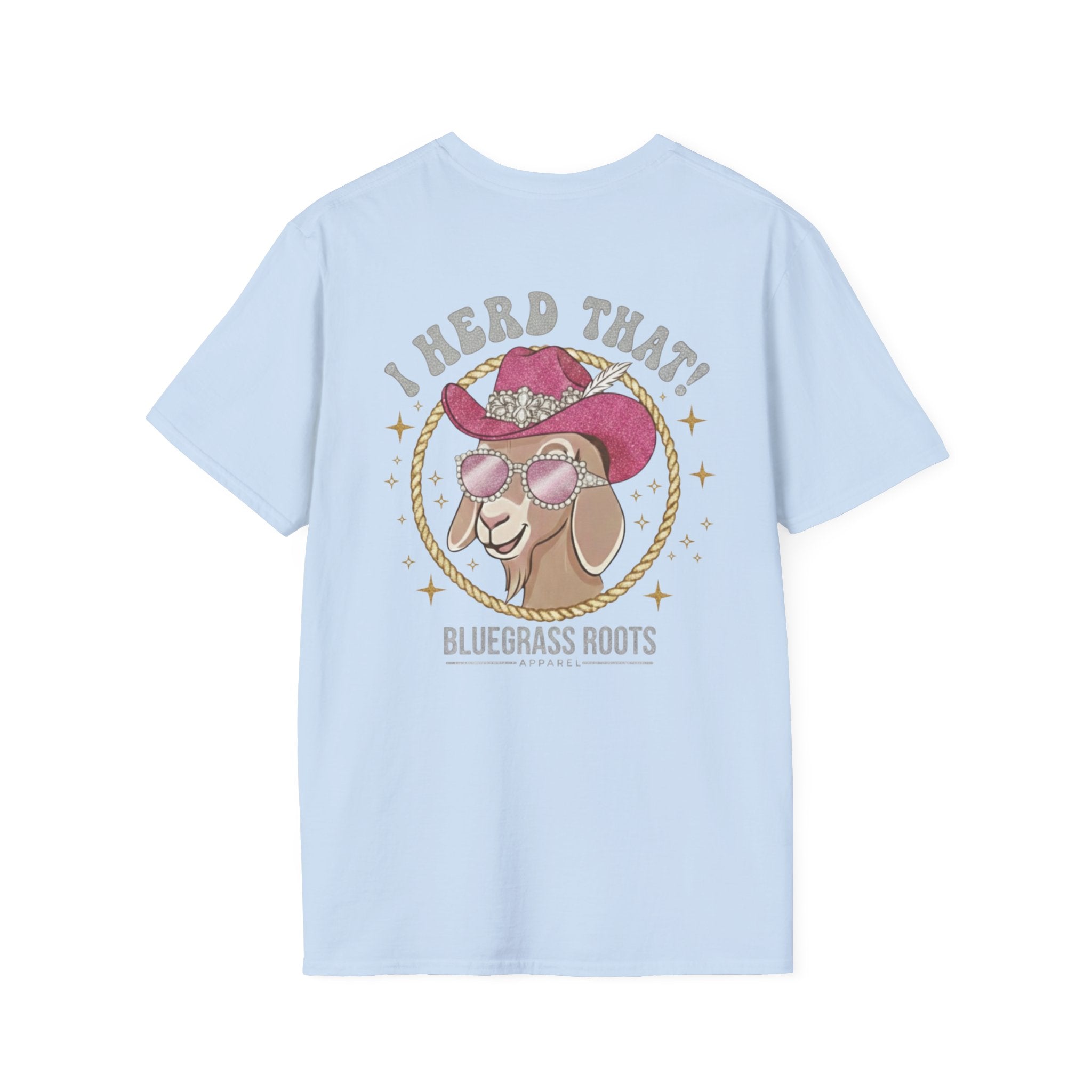 Light blue t-shirt with a graphic of a goat wearing a cowboy hat and sunglasses, text 'I Heard That! Bluegrass Roots' on a white background.