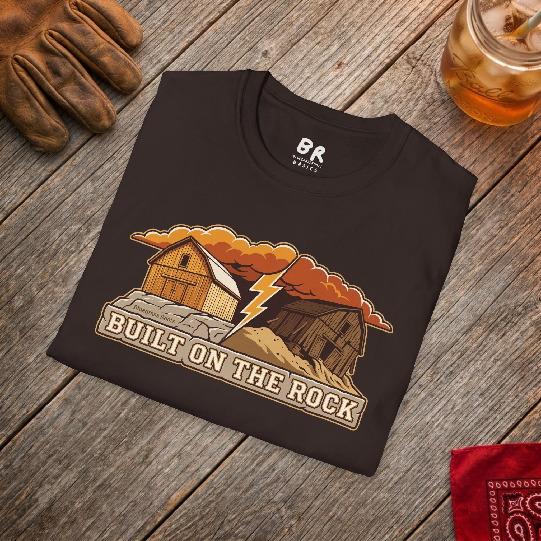 Built on the Rock christian shirt for men, Built on the Rock split barn parable design