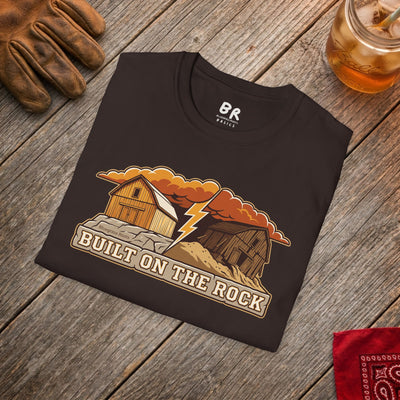 Built on the Rock christian shirt for men, Built on the Rock split barn parable design