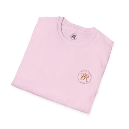 Folded pink t-shirt with a logo on a white background