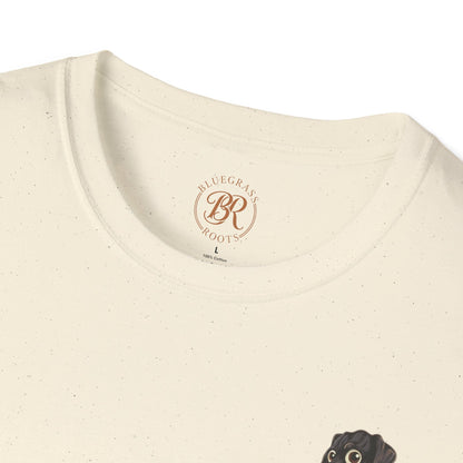 Close-up of a beige t-shirt with 'Bluegrass Roots' logo on a white background