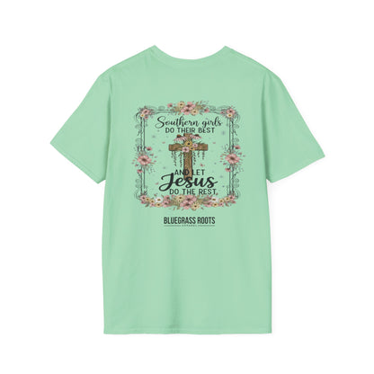 Mint green t-shirt with a graphic design and text on a white background