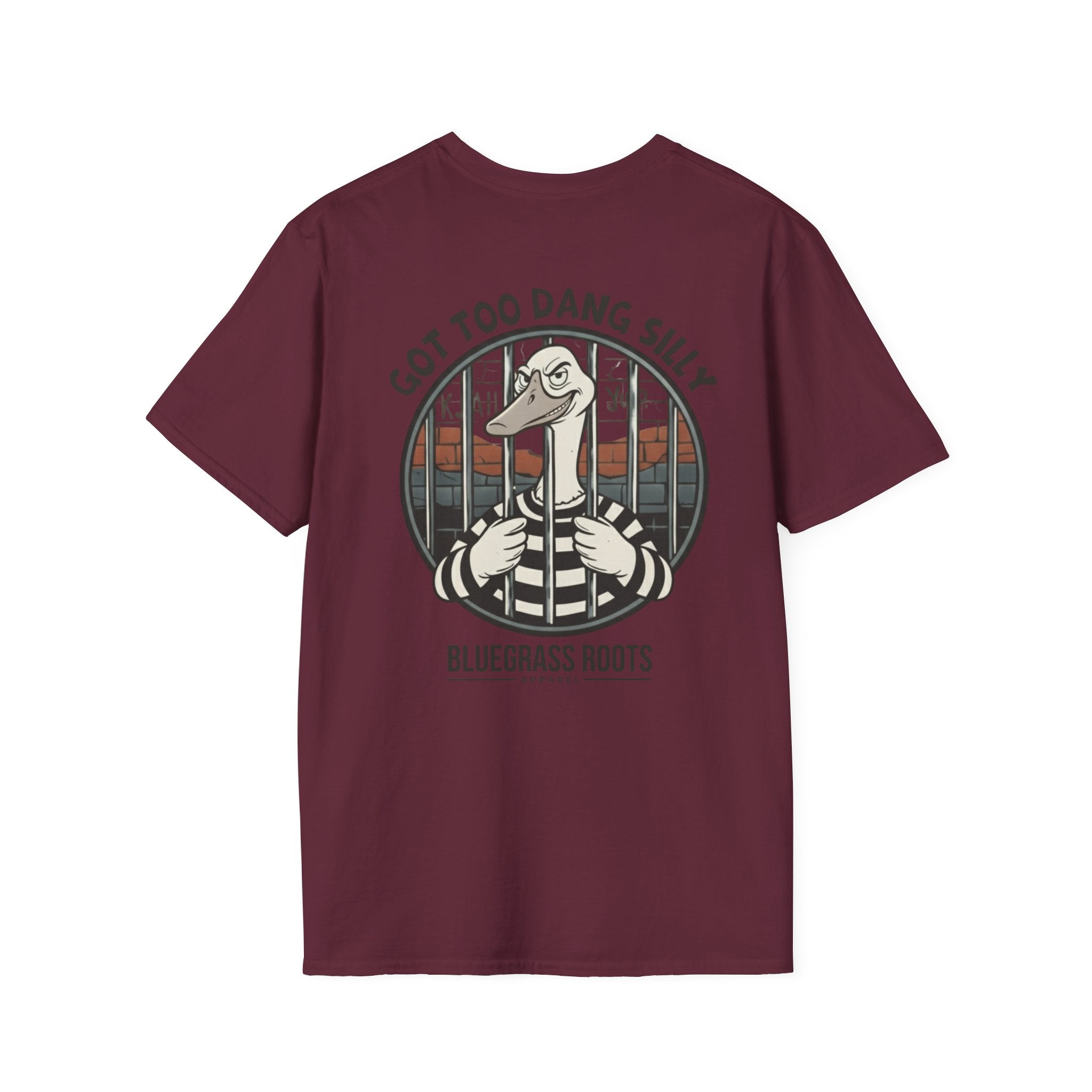Maroon t-shirt with a graphic of a duck in a cage on the back, on a white background.