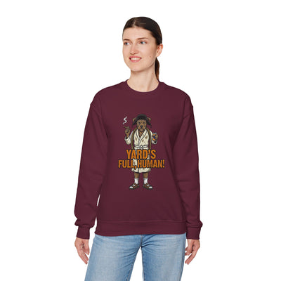 Person wearing a maroon sweatshirt with a graphic design and text on a white background