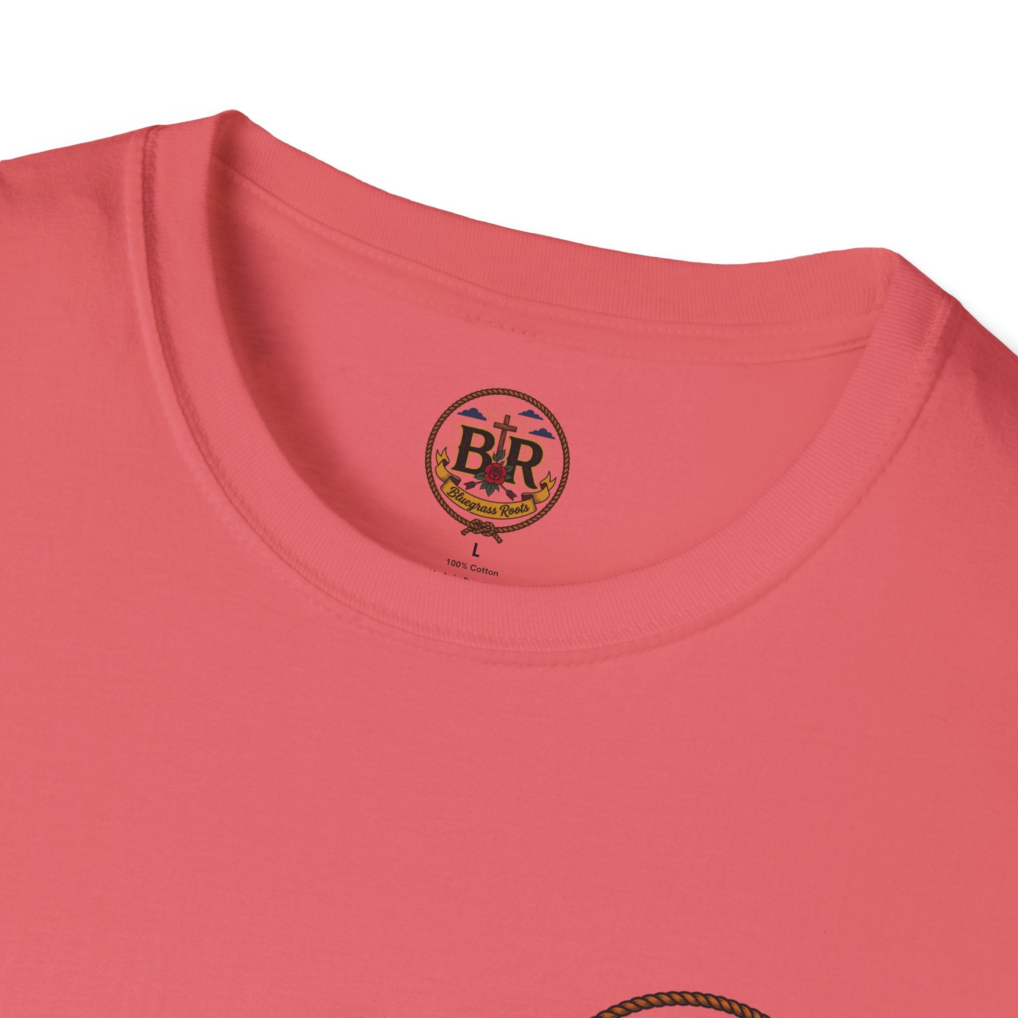 Bluegrass Roots Prayed Up Laced Up Fed Up cowgirl boot tee folded flat showing back graphic in Coral Silk