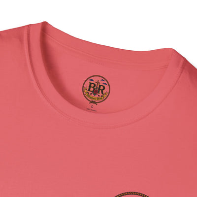 Bluegrass Roots Prayed Up Laced Up Fed Up cowgirl boot tee folded flat showing back graphic in Coral Silk