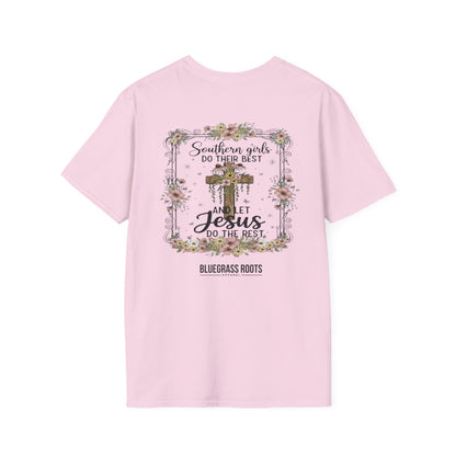 Pink t-shirt with a graphic and text on a white background