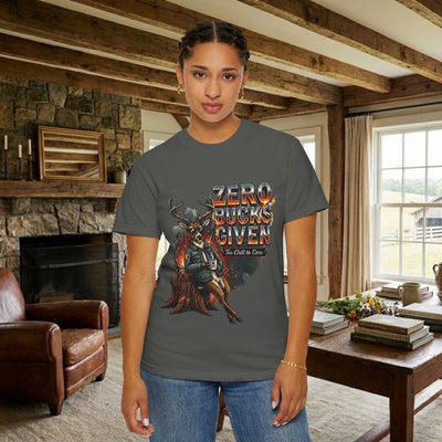 Person wearing a t-shirt with a graphic design in a living room setting