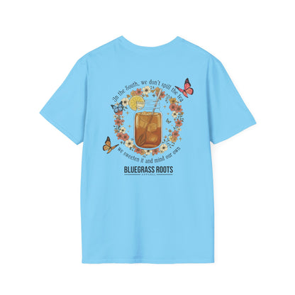 Light blue t-shirt with a colorful graphic and 'Bluegrass Roots' text on a white background